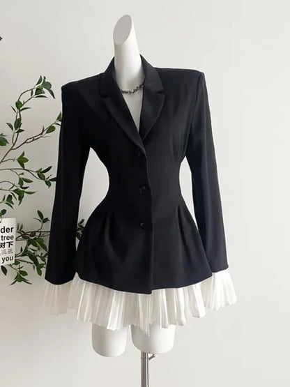 Elegant Patchwork Suit Dress Women Turn-down Collar Single Breasted Flare Sleeve Pleated Autumn Spring Korean Chic New Clothes