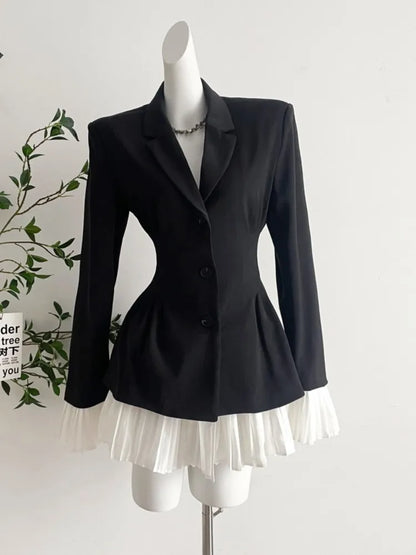 Elegant Patchwork Suit Dress Women Turn-down Collar Single Breasted Flare Sleeve Pleated Autumn Spring Korean Chic New Clothes