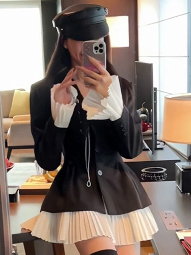 Elegant Patchwork Suit Dress Women Turn-down Collar Single Breasted Flare Sleeve Pleated Autumn Spring Korean Chic New Clothes