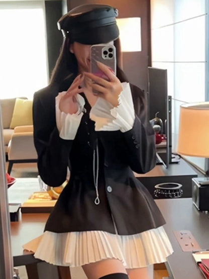 Elegant Patchwork Suit Dress Women Turn-down Collar Single Breasted Flare Sleeve Pleated Autumn Spring Korean Chic New Clothes