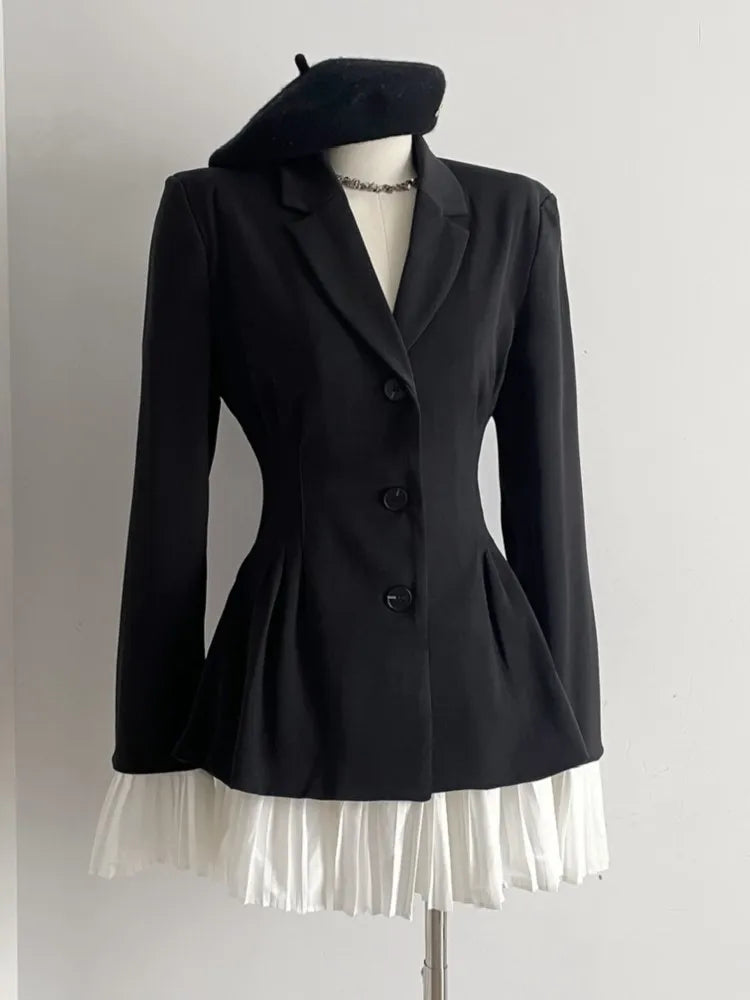 Elegant Patchwork Suit Dress Women Turn-down Collar Single Breasted Flare Sleeve Pleated Autumn Spring Korean Chic New Clothes