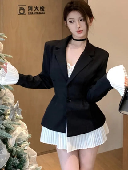 Elegant Patchwork Suit Dress Women Turn-down Collar Single Breasted Flare Sleeve Pleated Autumn Spring Korean Chic New Clothes