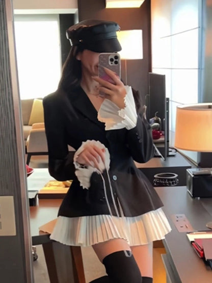 Elegant Patchwork Suit Dress Women Turn-down Collar Single Breasted Flare Sleeve Pleated Autumn Spring Korean Chic New Clothes