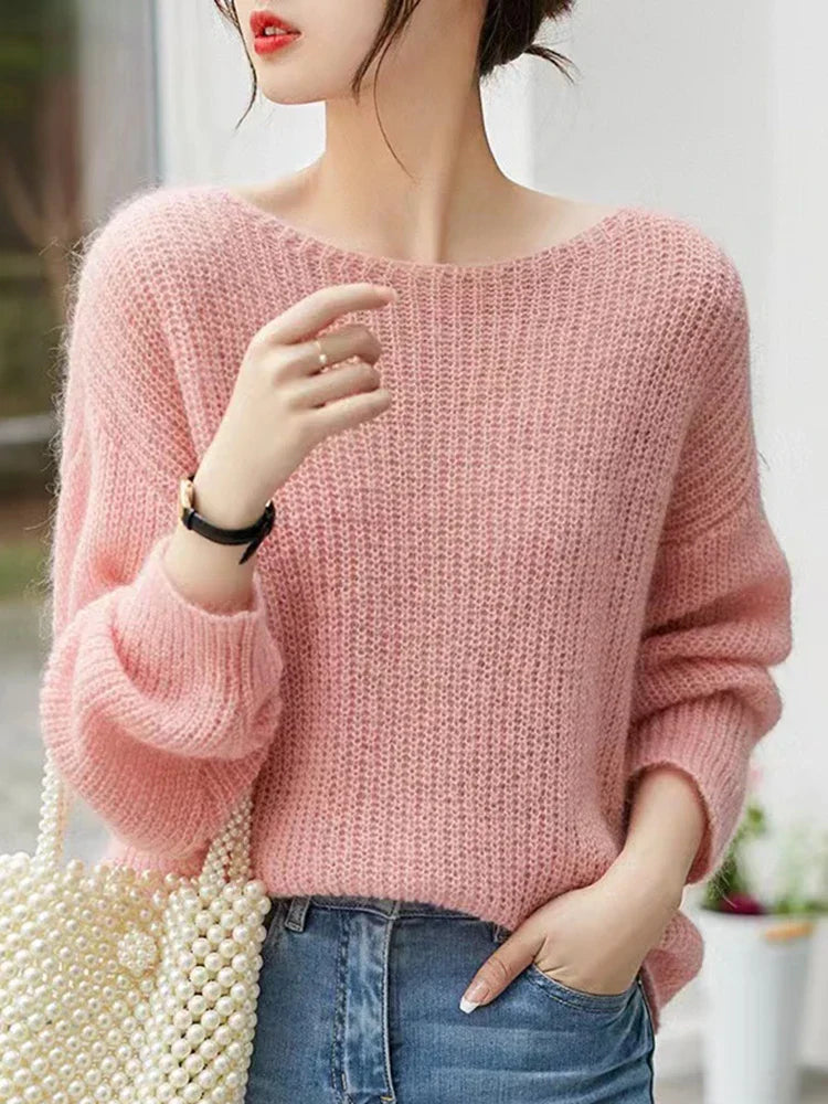 FashionSierra See-through Pullover Loose Jumper Autumn Winter Soft Warm Women Knitwear Basic Solid Cashmere Sweater