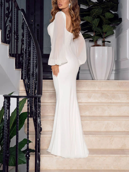 Elegant Square Neck High Waist Slim Evening Dresses Fashionable Chiffon Long Sleeve Womens Dresses White Temperament Party Dress