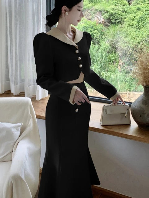 Elegant Two Piece Set Women Long Sleeves Short Coat + High Waist Mermaid Skirt Autumn Winter Solid Korean Style Patchwork Outfit