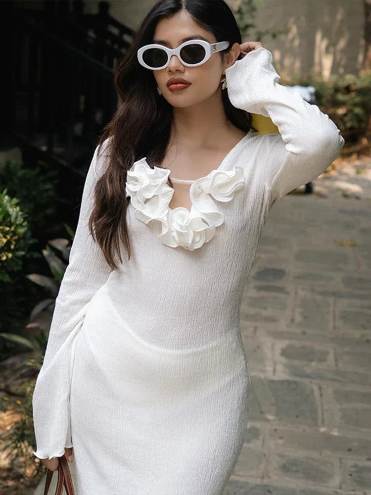 White Flower V-neck Ruffles Split Slim Female Maxi Dress