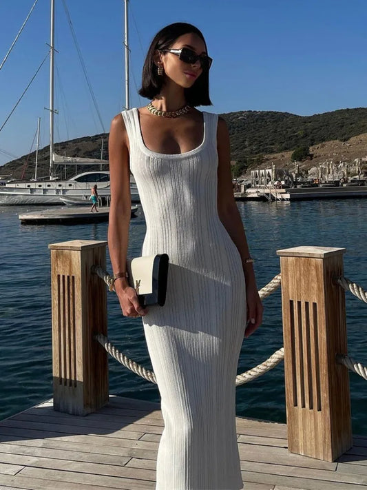 White Knitted Women Summer Fashion Square Colloar Sleeveless Bodycon Party Lady Casual 2025 Midi Dress