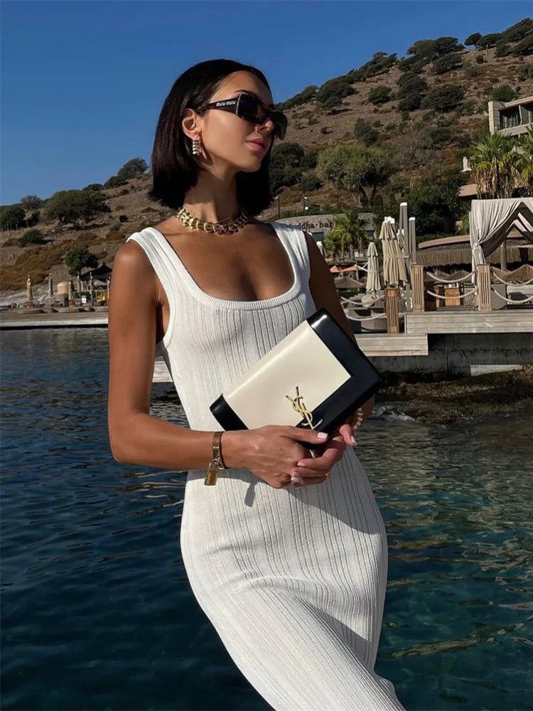 White Knitted Women Summer Fashion Square Colloar Sleeveless Bodycon Party Lady Casual 2025 Midi Dress