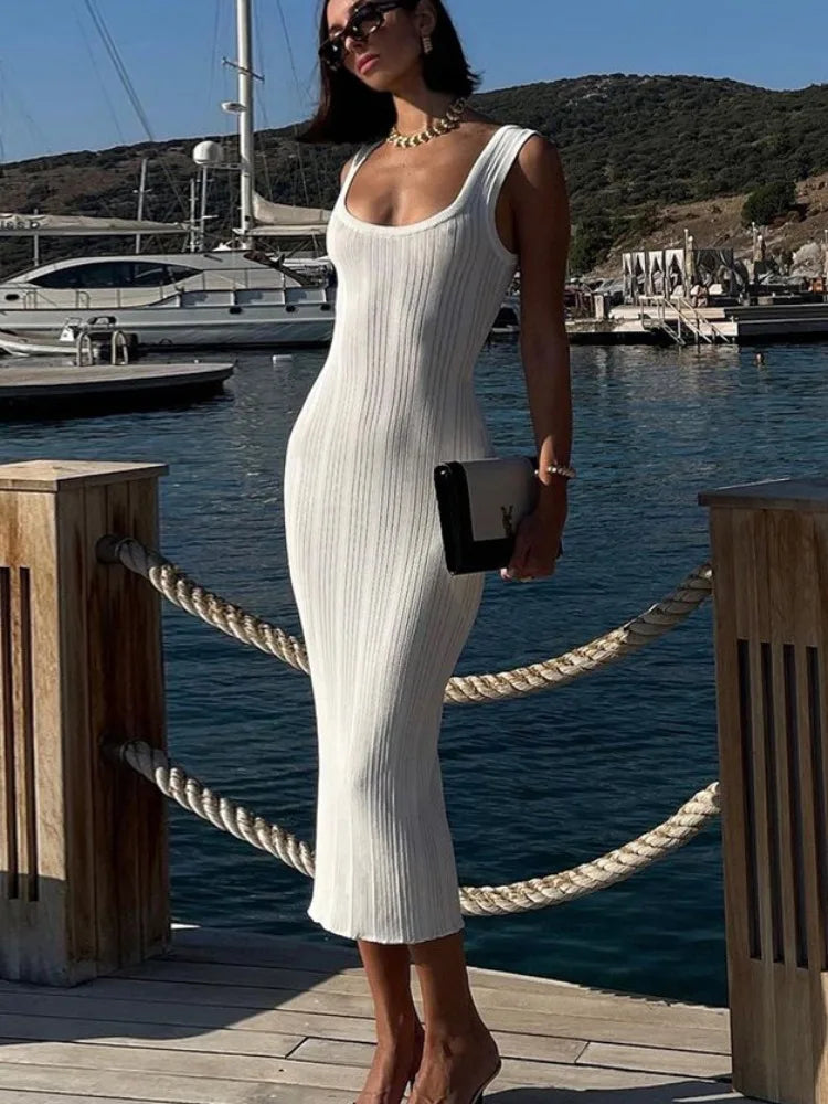 White Knitted Women Summer Fashion Square Colloar Sleeveless Bodycon Party Lady Casual 2025 Midi Dress