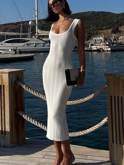 White Knitted Women Summer Fashion Square Colloar Sleeveless Bodycon Party Lady Casual 2025 Midi Dress