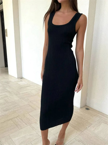 White Knitted Women Summer Fashion Square Colloar Sleeveless Bodycon Party Lady Casual 2025 Midi Dress