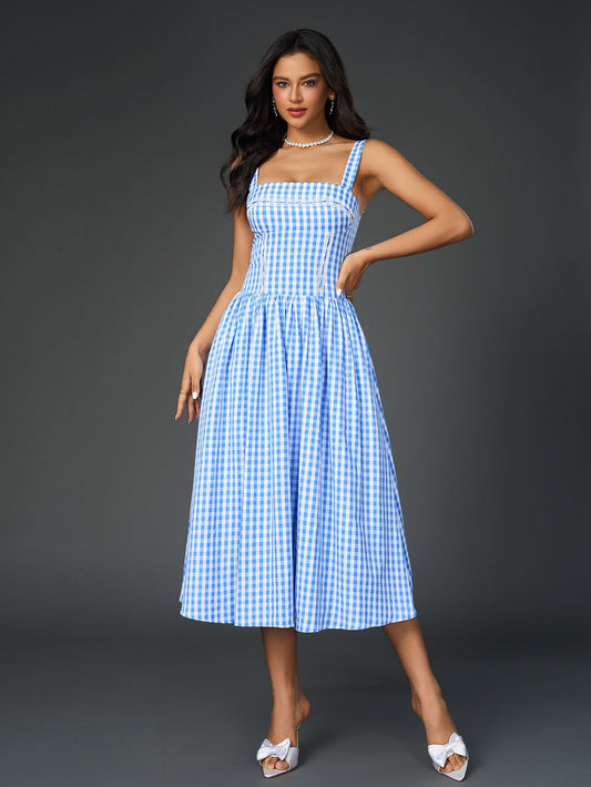 Embellished Lace Trim Pocket Plaid Print Midi Dress
