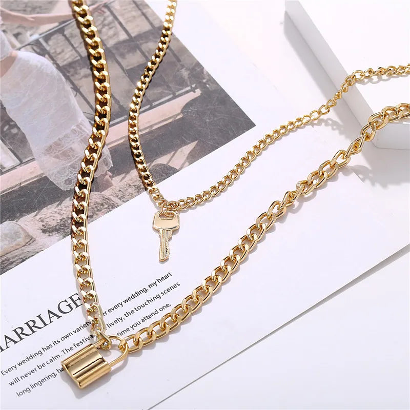 European American Personality Fashion Key Lock Double Layer Retro Necklake