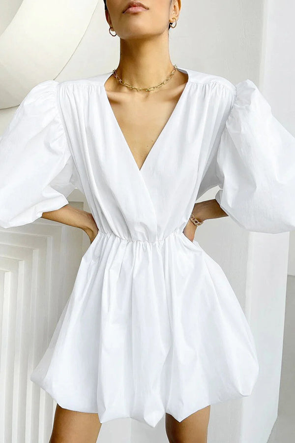 Solid Color Sexy V-neck Lantern Sleeve Waist Mini Dress