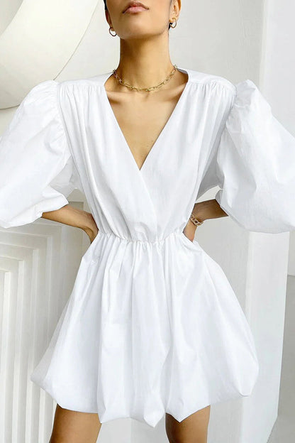 Solid Color Sexy V-neck Lantern Sleeve Waist Mini Dress
