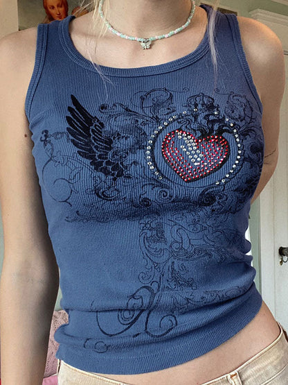 Heart Rhinestone Rib Crop Tank Top