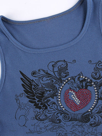 Heart Rhinestone Rib Crop Tank Top
