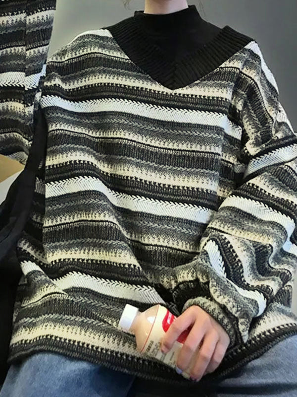V Neck Striped Knit Sweater