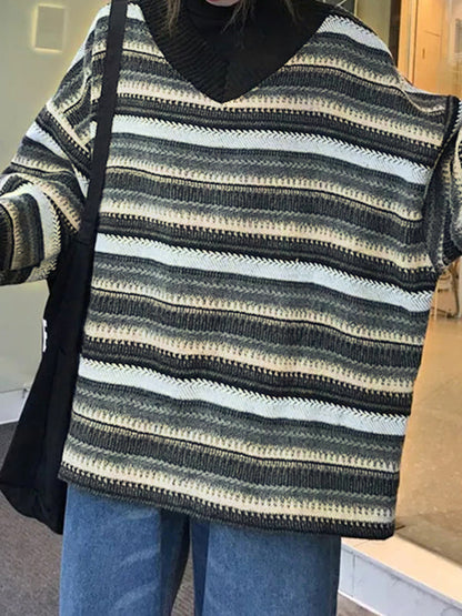 V Neck Striped Knit Sweater