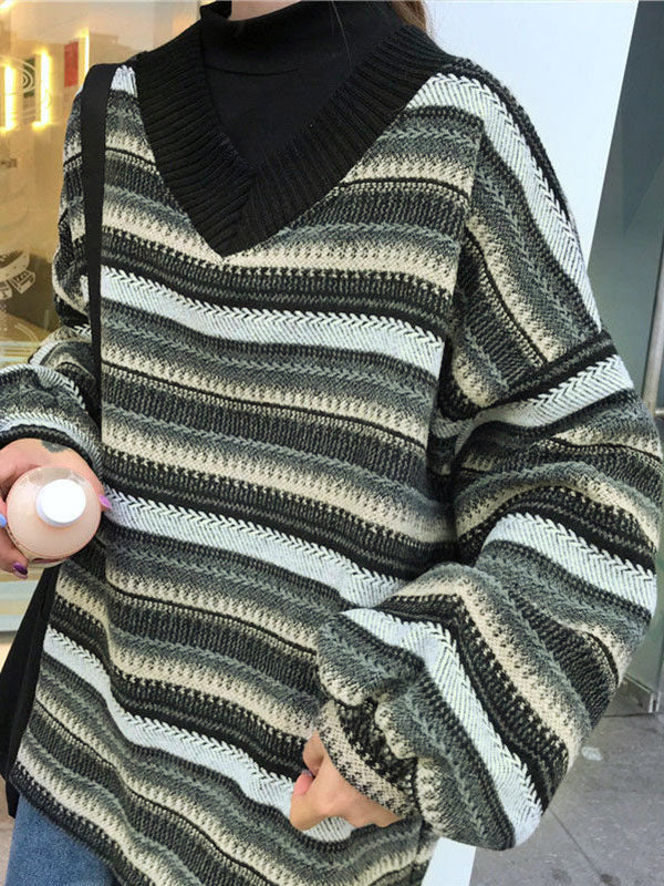 V Neck Striped Knit Sweater