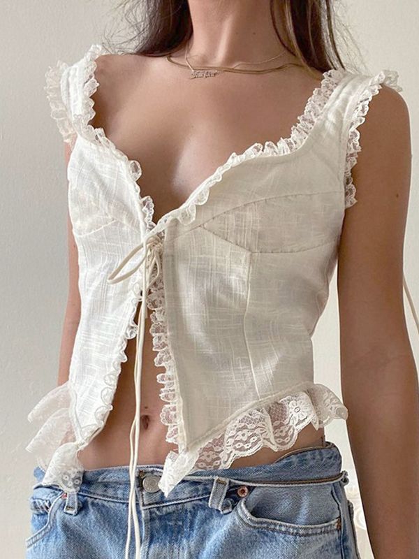 Lace Trim Ruffle Crop Tank Top