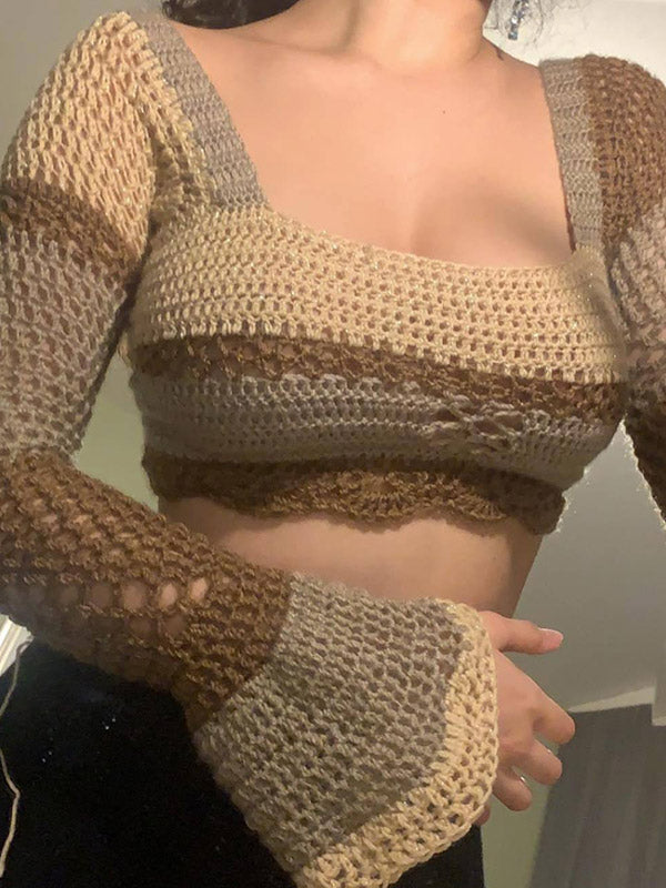 Tie Back Striped Crochet Crop Knit Top