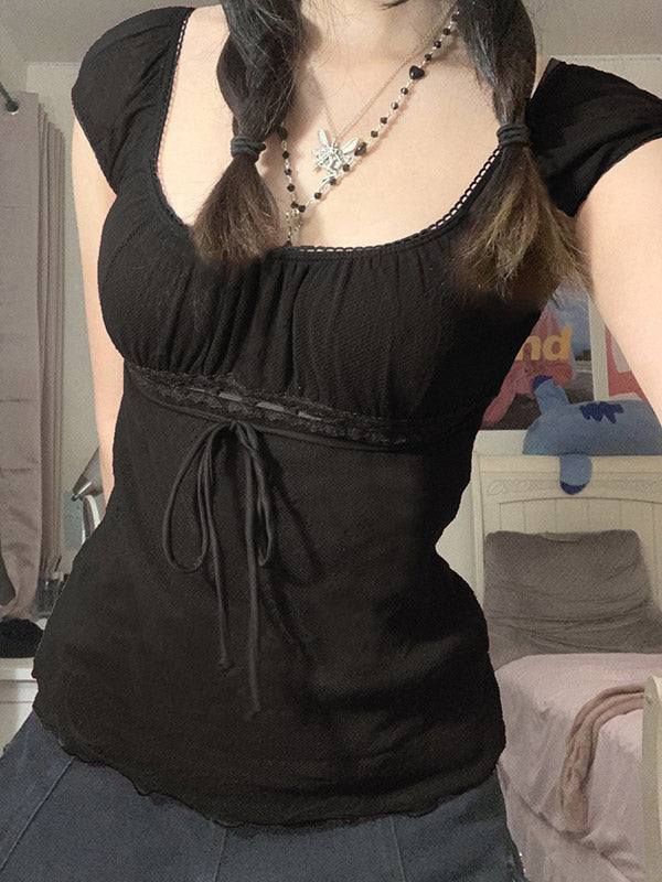 Vintage Tie Front Lace Trim Blouse