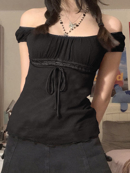 Vintage Tie Front Lace Trim Blouse