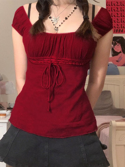 Vintage Tie Front Lace Trim Blouse