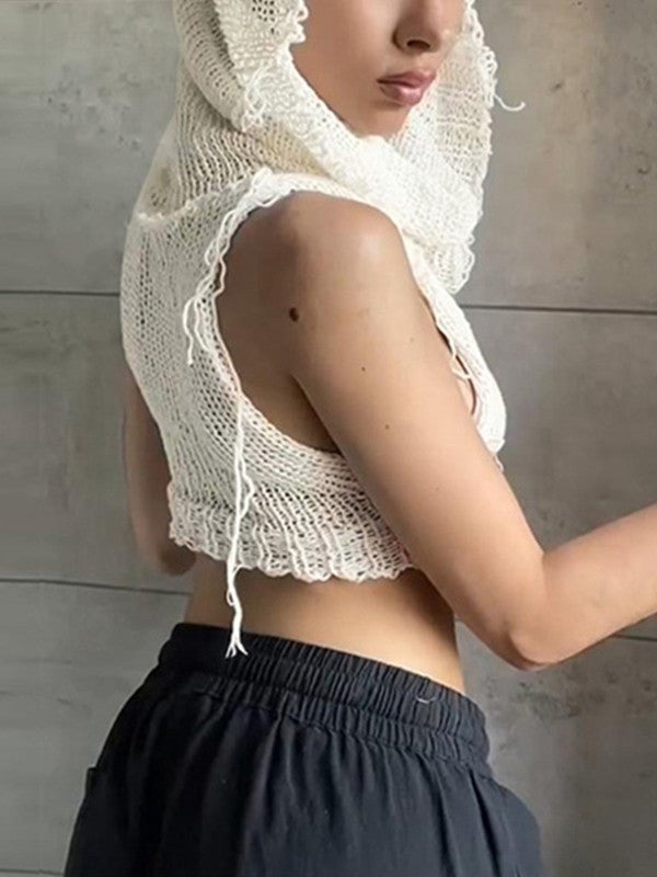 Hooded Crochet Knit Cropped Tank Top