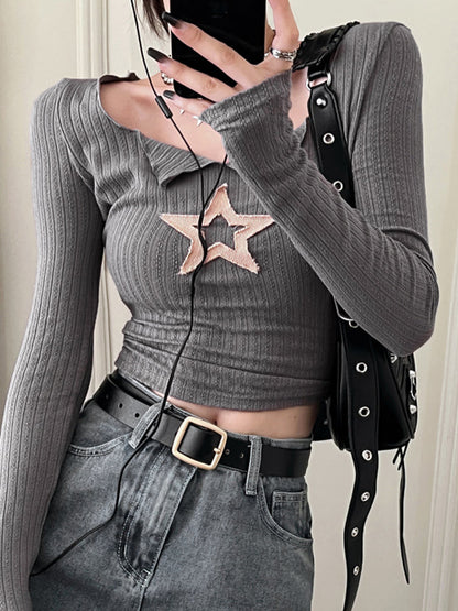 Star Patch Long Sleeve Knit Crop Top