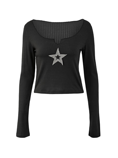 Star Patch Long Sleeve Knit Crop Top