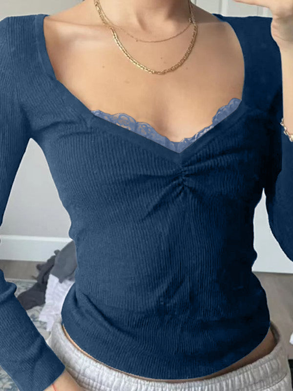 Lace Trim Black Long Sleeve Knit Top