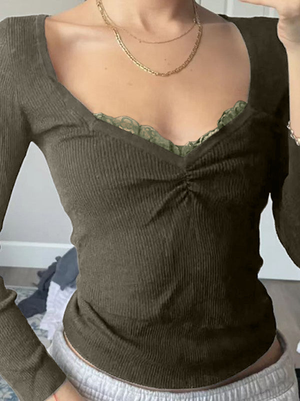 Lace Trim Black Long Sleeve Knit Top