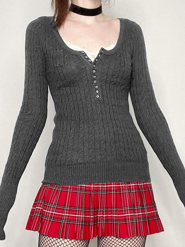 Button Front Cable Knit Top