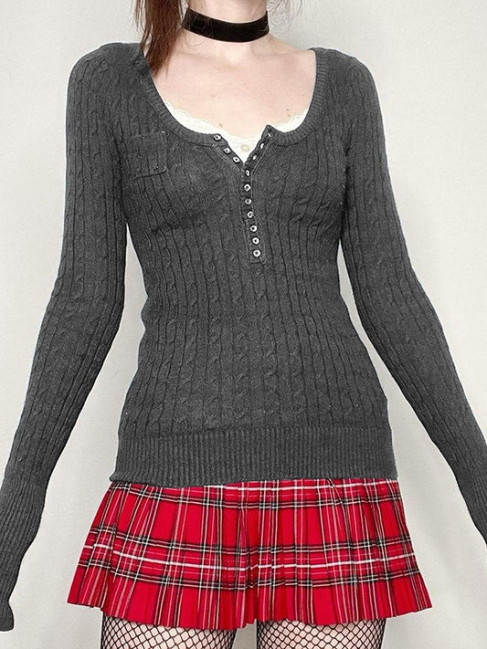Button Front Cable Knit Top