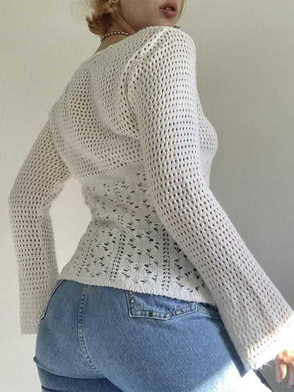 Tie Front White Open Knit Top