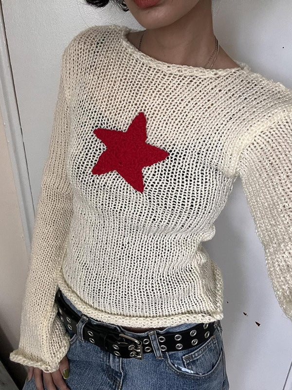 White Vintage Knitted Crochet Crop Top with Star Patch