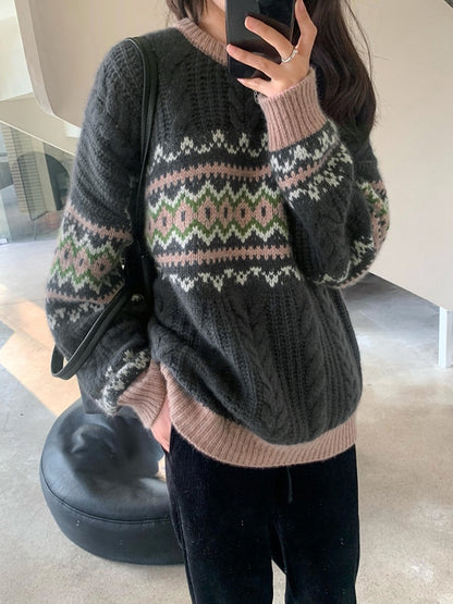 Vintage Jacquard Cable Knit Pullover Sweater