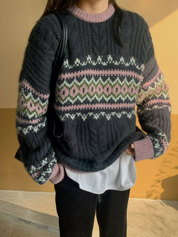 Vintage Jacquard Cable Knit Pullover Sweater