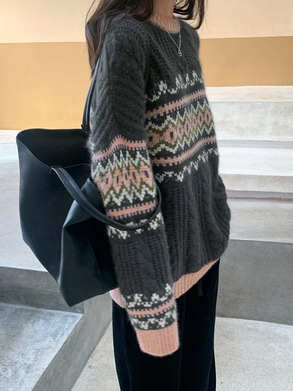 Vintage Jacquard Cable Knit Pullover Sweater