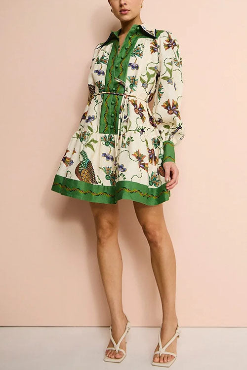 Long Lantern Sleeves Button Up Unique Print Mini Dress