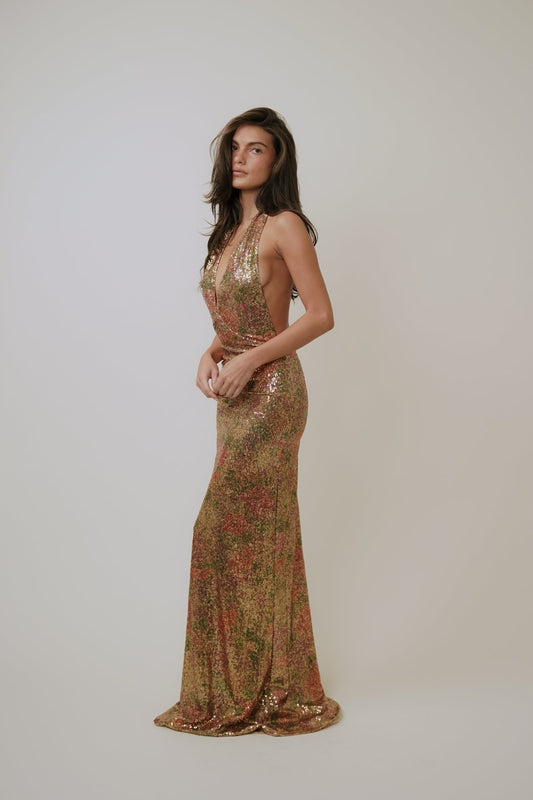 Uma Sequin Halter Maxi Dress