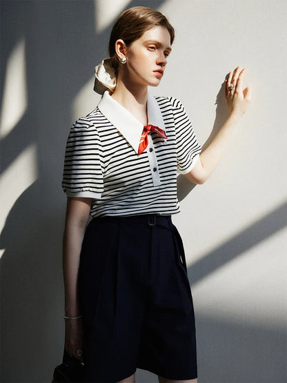 FashionSierra - Women Polo Neck Color Stripe Casual Summer Short Sleeve T-shirt