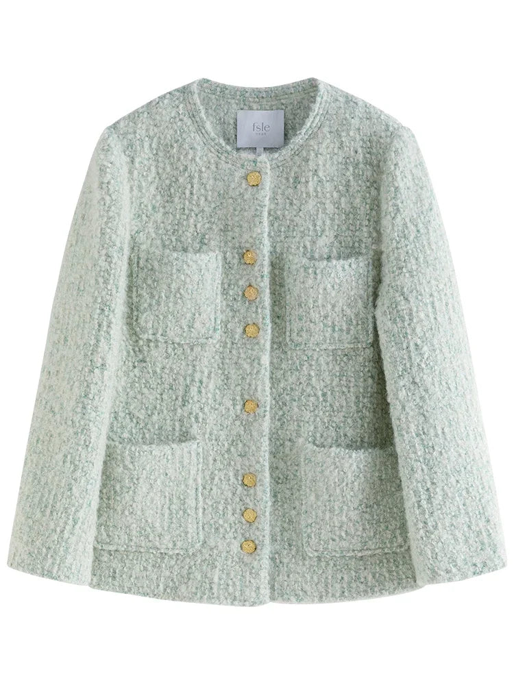 Round Neck Mental Button Fresh Green Straight Winter Coats