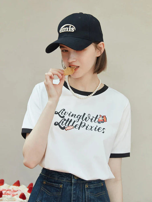 FashionSierra - American Retro Creative Print Contrast Color Short-Sleeved Cotton Tee for Round Neck Letter T-shirt