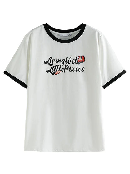 FashionSierra - American Retro Creative Print Contrast Color Short-Sleeved Cotton Tee for Round Neck Letter T-shirt
