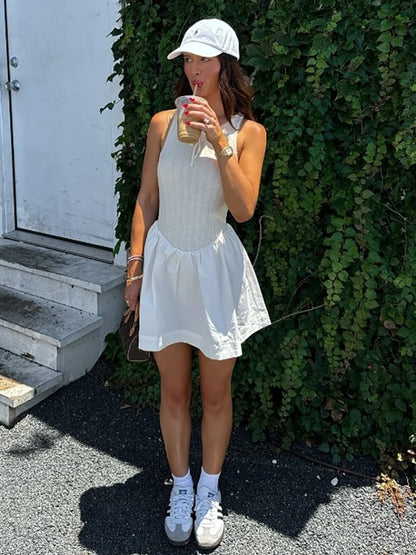 Fantoye Sexy Backless A-line Women Dress White Sleeveless Round Neck Mini Dress Female Summer Loose Casual Streetwear Vestidos