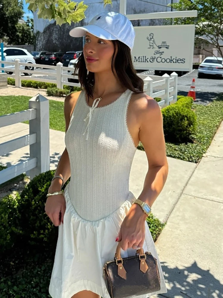 Fantoye Sexy Backless A-line Women Dress White Sleeveless Round Neck Mini Dress Female Summer Loose Casual Streetwear Vestidos